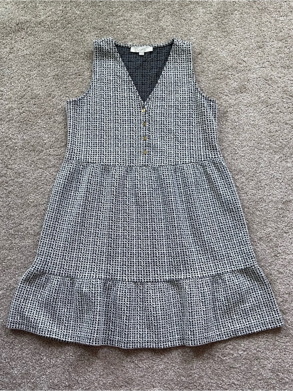 LOFT Houndstooth Tiered Babydoll Dress S Small Sleeveless V-Neck Button Placket